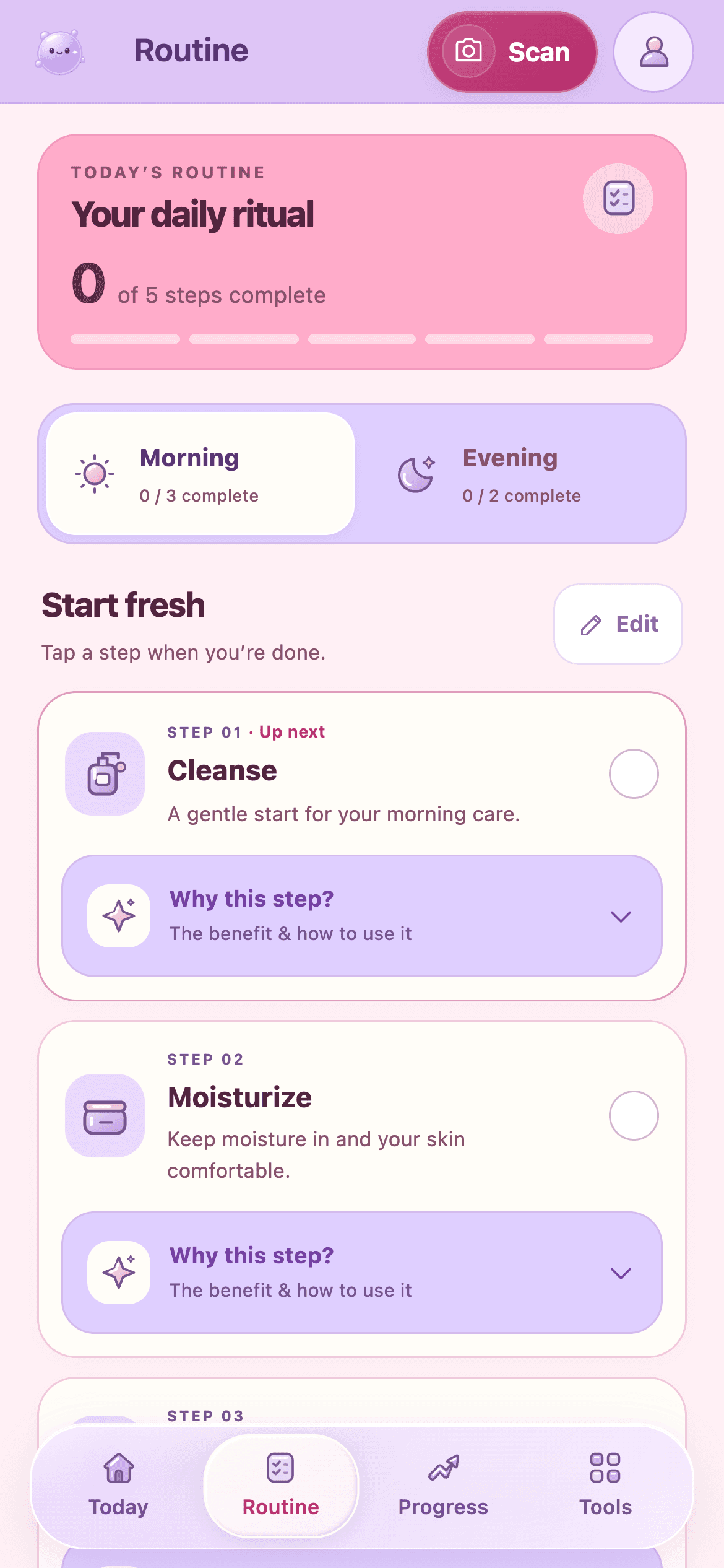 Skinreo app preview with a lilac header, blush background, raspberry Scan button and morning and evening routines